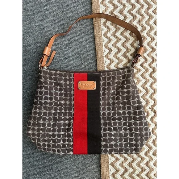 Kate Spade Classic Noel Serena Shoulder Bag Black Red Stripe Brown Leather Purse - Picture 2 of 10